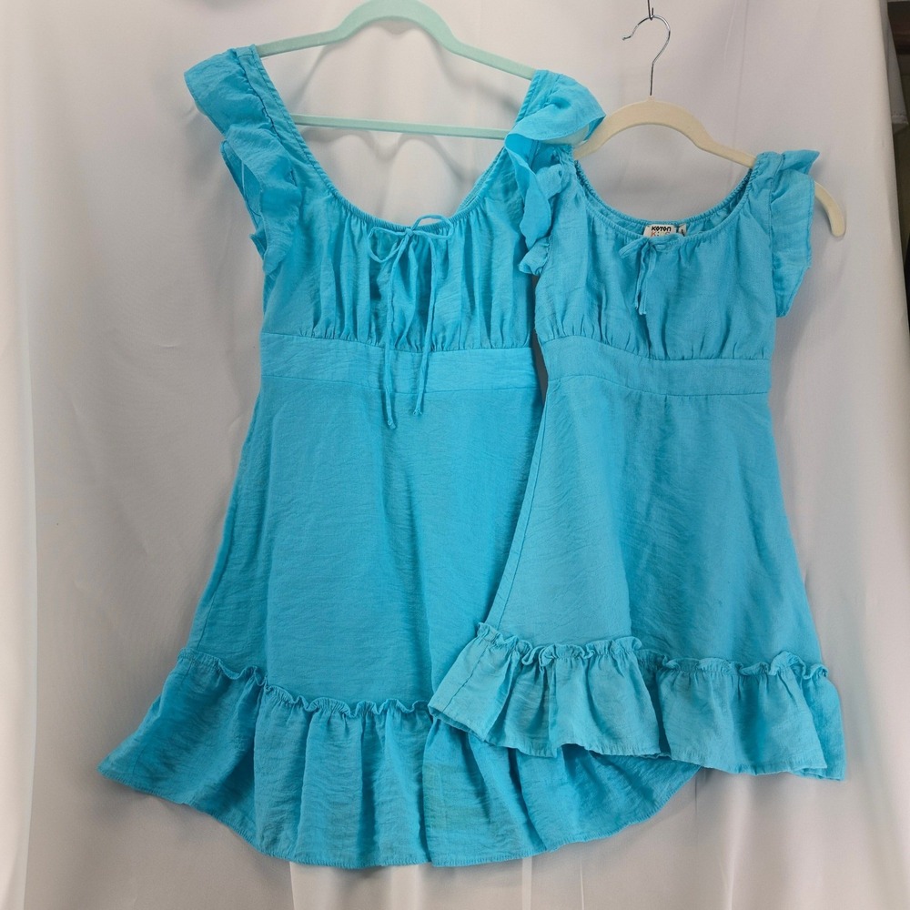 KOTON Mommy And Me Matching Blue Ruffle Dress Set Mom US 4 Kids 5-6 Years